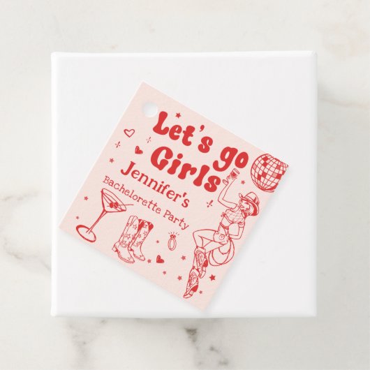 Red Disco Cowgirl Rodeo Bachelorette Party Bedankjes Labels (In situ)