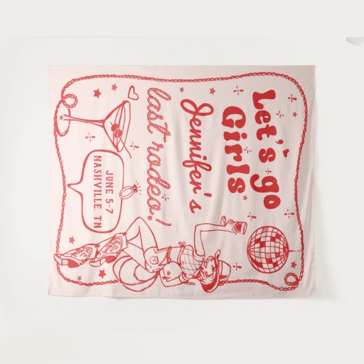 Red Disco Cowgirl Rodeo vrijgezellenweekend Wandkleed (Voorkant (horizontaal))