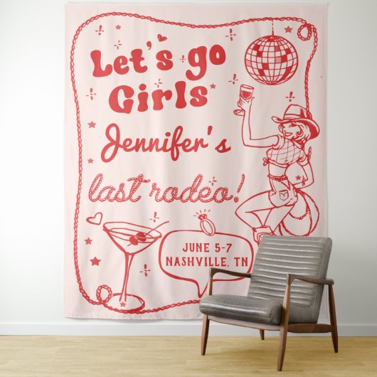 Red Disco Cowgirl Rodeo vrijgezellenweekend Wandkleed (In situ)