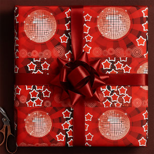 Red Disco Party Theme met sterren en glitterbal Cadeaupapier