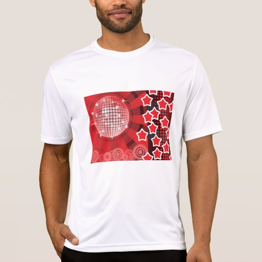 Red Disco Party Theme met sterren en glitterbal T-shirt (Voorkant)