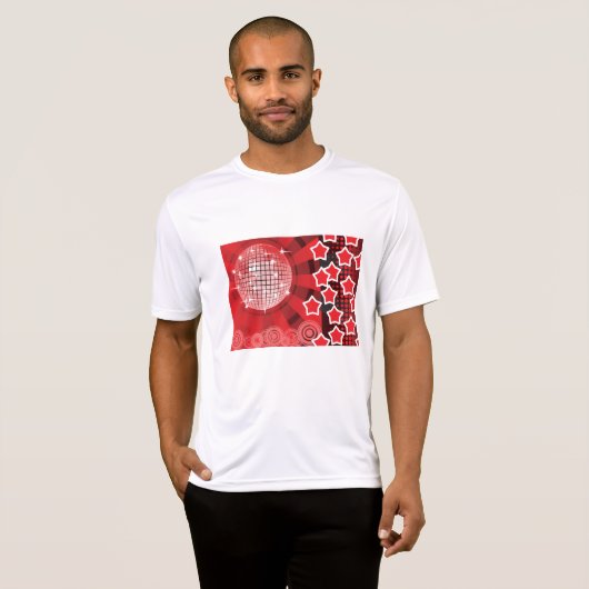 Red Disco Party Theme met sterren en glitterbal T-shirt (Voorkant volledig)
