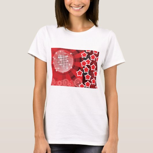Red Disco Party Theme met sterren en glitterbal T-shirt (Voorkant)