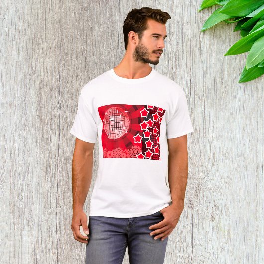 Red Disco Party Theme met sterren en glitterbal T-shirt