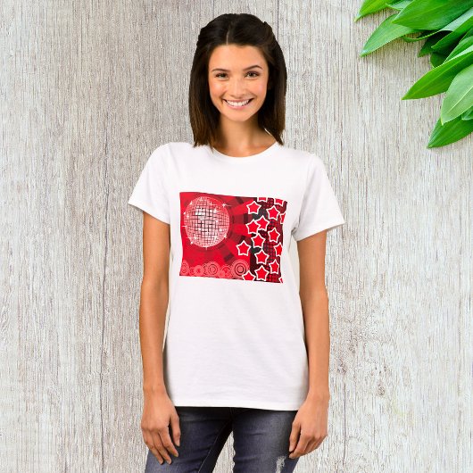 Red Disco Party Theme met sterren en glitterbal T-shirt