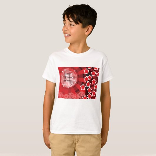 Red Disco Party Theme met sterren en glitterbal T-shirt (Voorkant volledig)