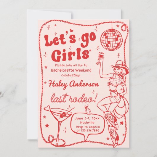 Red Disco Rodeo Cowgirl Bachelorette Weekend Kaart (Voorkant)