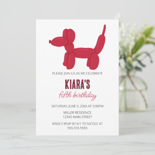 Red Dog Balloon Dier Verjaardagsfeest Kaart (Staand voorkant)