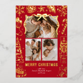 Red Doodle 3 Photo Christmas Gold Folie Feestdagenkaart (Voorkant)