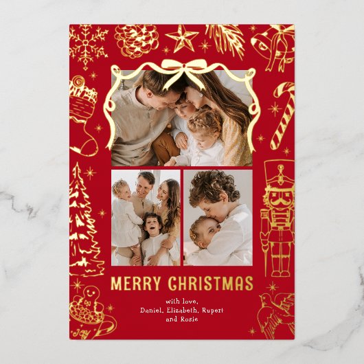 Red Doodle 3 Photo Christmas Gold Folie Feestdagenkaart (Voorkant)