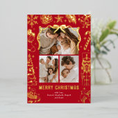 Red Doodle 3 Photo Christmas Gold Folie Feestdagenkaart (Staand Voorkant)