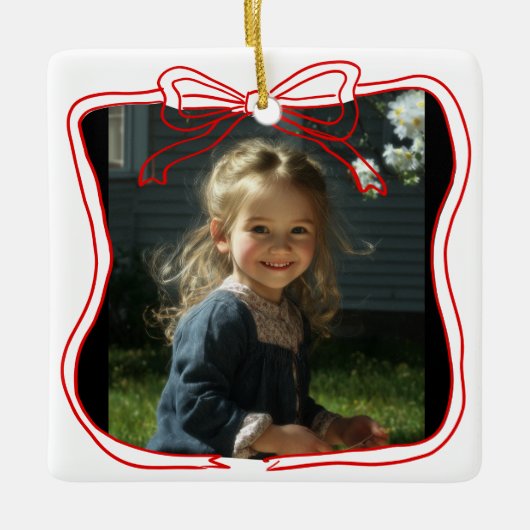 Red Doodle Bow Frame Custom Photo Keramisch Ornament (Voorkant)