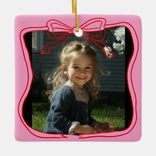 Red Doodle Bow Frame Custom Photo Keramisch Ornament (Voorkant)