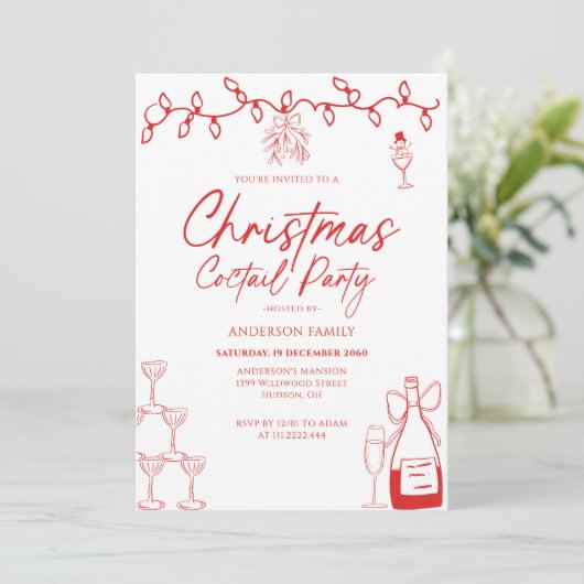 Red Doodle Christmas Coctail Party Kaart (Staand voorkant)