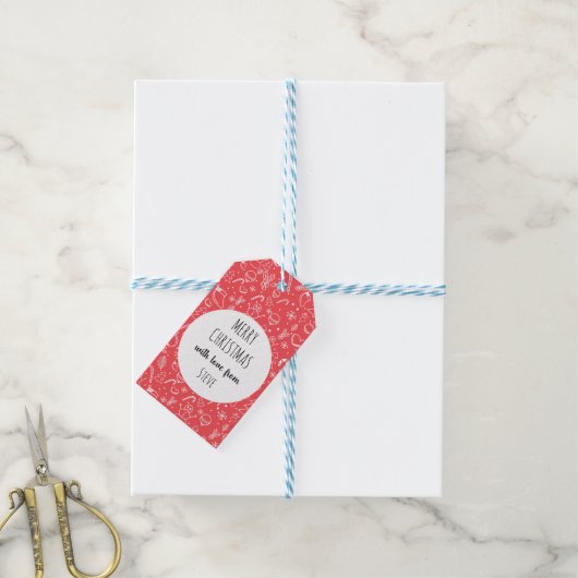 Red Doodle Christmas Pattern Cadeaulabel (Met Touw)