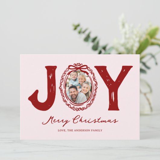 Red Doodle Joy Foto Kerstmis Feestdagenkaart (Staand voorkant)