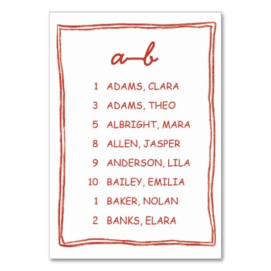Red Doodle Numeric Seating Chart Card Kaart (Voorkant)