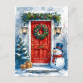 Red Door with Snowman Cozy Christmas Postcard Feestdagenkaart (Voorkant)