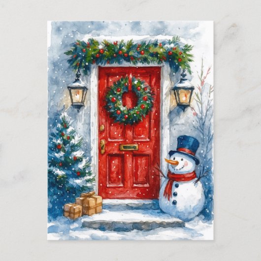 Red Door with Snowman Cozy Christmas Postcard Feestdagenkaart (Voorkant)