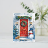 Red Door with Snowman Cozy Christmas Postcard Feestdagenkaart (Staand voorkant)