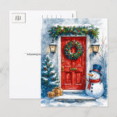 Red Door with Snowman Cozy Christmas Postcard Feestdagenkaart (Voorkant / Achterkant)
