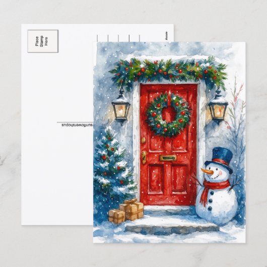 Red Door with Snowman Cozy Christmas Postcard Feestdagenkaart (Voorkant / Achterkant)