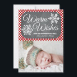 Red Dot Chalkboard Snowflake Holiday-fotokaart Feestdagenkaart<br><div class="desc">Voeg uw favoriete familiefoto of babykindje of kerstman-afbeelding toe aan deze mooie, moderne en winterse fotokaart met twee sneeuwvlokken op een achtergrond van een bord en een rode en witte vlek-puntpatroon. Het zegt Warm Wishes en het kan met uw familienaam, jaar en individuele familieleden worden gepersonaliseerd. Kunstwerk © Chrissy H....</div>