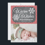 Red Dot Chalkboard Snowflake Holiday-fotokaart Feestdagenkaart<br><div class="desc">Voeg uw favoriete familiefoto of babykindje of kerstman-afbeelding toe aan deze mooie, moderne en winterse fotokaart met twee sneeuwvlokken op een achtergrond van een bord en een rode en witte vlek-puntpatroon. Het zegt Warm Wishes en het kan met uw familienaam, jaar en individuele familieleden worden gepersonaliseerd. Kunstwerk © Chrissy H....</div>
