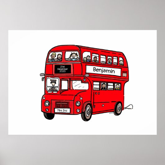 Red Double Decker London Bus Birth Print Poster (Voorkant)