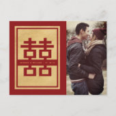Red Double Happiness Chinese Photo Save the Date Aankondigingskaart (Voorkant)