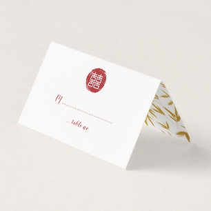 Red Double Happiness & Gold Bamboo Wedding Visitekaartje