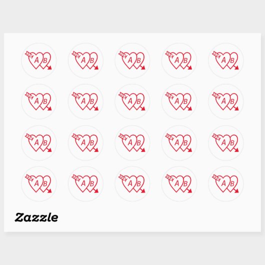 Red Double Hearts with Cupids Arrow and Initials Ronde Sticker (Vel)