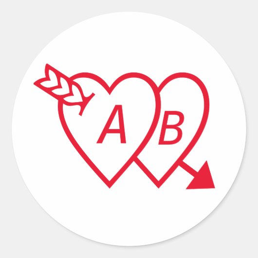 Red Double Hearts with Cupids Arrow and Initials Ronde Sticker (Voorkant)