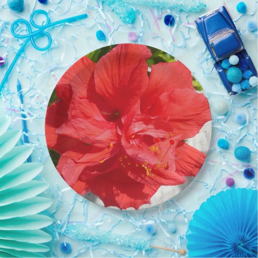 Red Double Hibiscus Flower Papieren Bordje (Feest)
