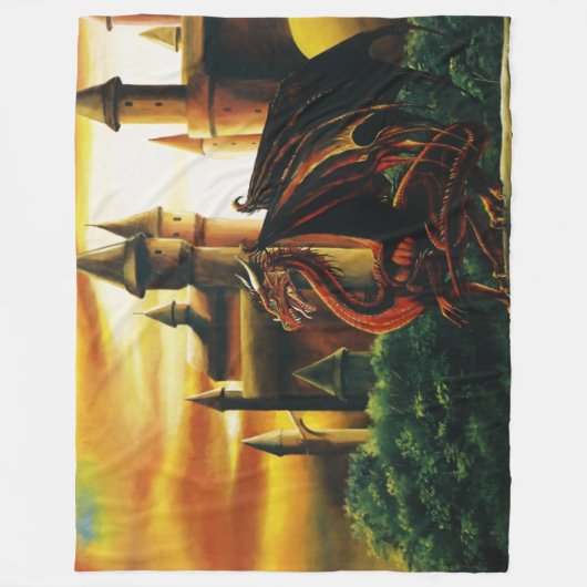 Red Dragon Castle Fantasy Fleece Deken (Voorkant)