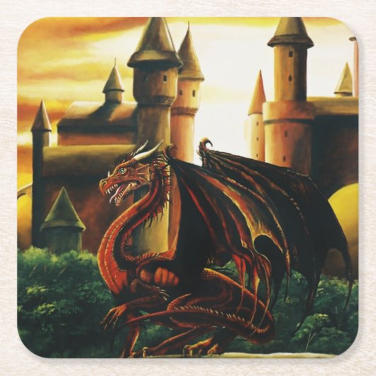 Red Dragon Castle Fantasy Kartonnen Onderzetters (Voorkant)