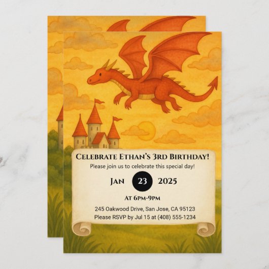 Red Dragon Flying Over Cliffside Castle Birthday Kaart (Voorkant / Achterkant)