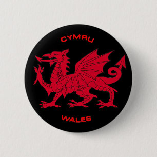 Red Dragon of Wales (Cymru), Black Back Ronde Button 5,7 Cm