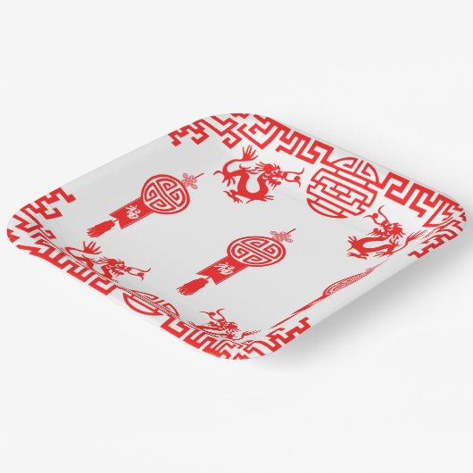 Red Dragon Oriental Square Paper Party Bord (Gebogen)
