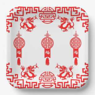Red Dragon Oriental Square Paper Party Bord