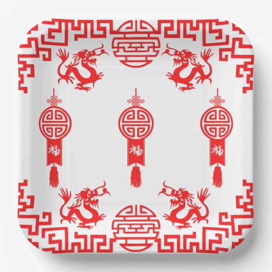 Red Dragon Oriental Square Paper Party Bord (Voorkant)