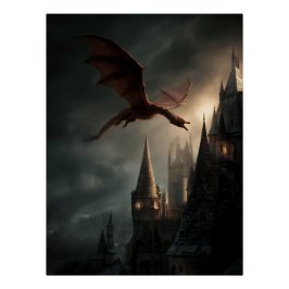 Red Dragon Over Gothic Castle Perfect Poster