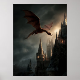 Red Dragon Over Gothic Castle Poster