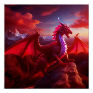 Red Dragon Perches op Craggy Mountain Peak Perfect Poster