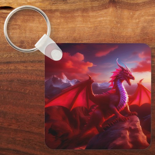 Red Dragon Perches op Craggy Mountain Peak Sleutelhanger (Voorkant)