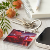 Red Dragon Perches op Craggy Mountain Peak Sleutelhanger (Voorkant Rechts)