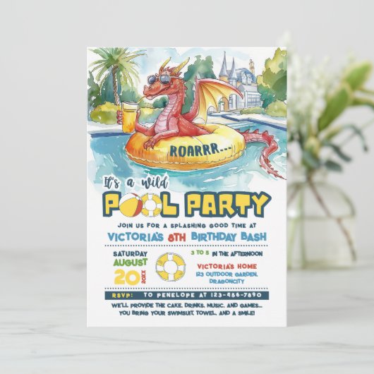 Red Dragon Pool Party Uitnodiging voor verjaardag (Staand voorkant)