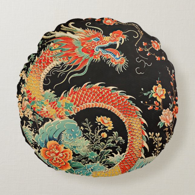 Red Dragon Rond Sierkussen Kussen (Voorkant)