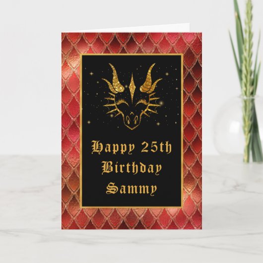 Red Dragon Scales Faux Glitter Happy Birthday Kaart (Voorkant)