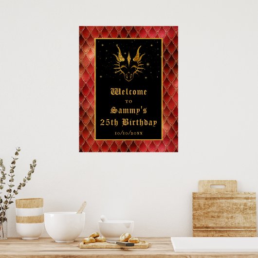 Red Dragon Scales Gouden Verjaardagsfeestje Welkom Poster (Keuken)